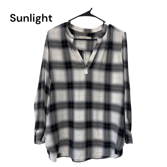 LOFT Tops - Loft Petite Plaid Tunic Blouse Long Sleeve Black White Gold Details Womens Sz LP